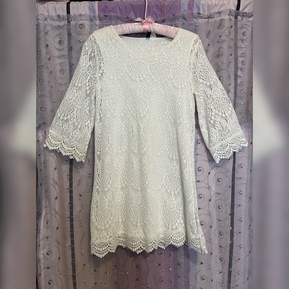 H&M White Boho Dress with Mid-Length Sleeves Size 6